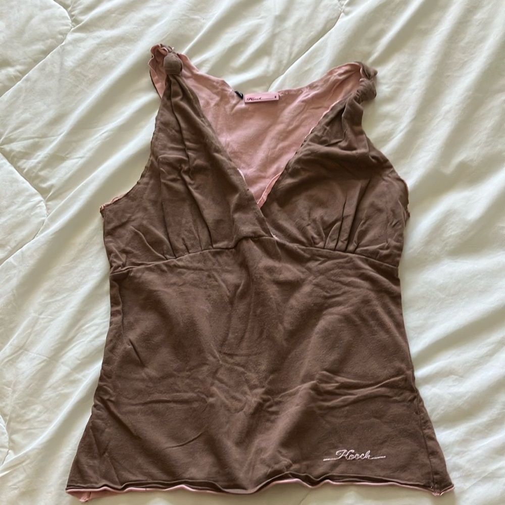 Hooch brown cotton flannel cami with pink doubling. XS